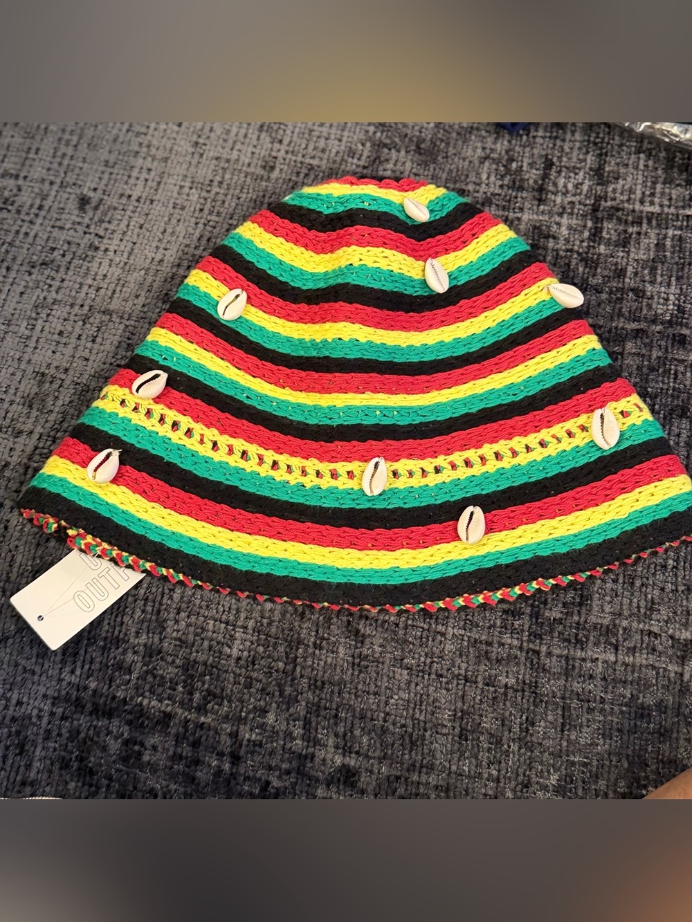 Urban OutfittersStriped Rasta Crochet Bucket Hat with Shell Accents - Multicolor